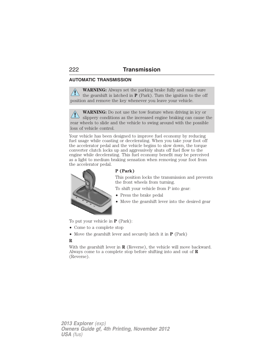 Transmission, Automatic transmission, 222 transmission | FORD 2013 Explorer v.4 User Manual | Page 223 / 586