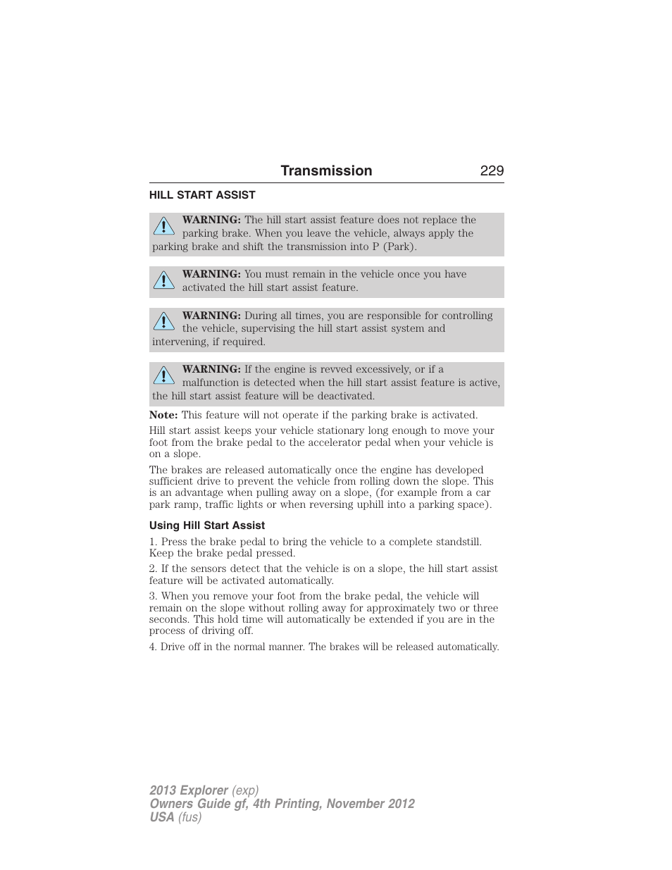 Hill start assist, Using hill start assist, Transmission 229 | FORD 2013 Explorer v.4 User Manual | Page 230 / 586