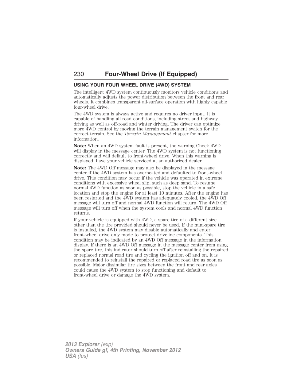 Four-wheel drive (if equipped), Using your four wheel drive (4wd) system, Four wheel drive | 230 four-wheel drive (if equipped) | FORD 2013 Explorer v.4 User Manual | Page 231 / 586