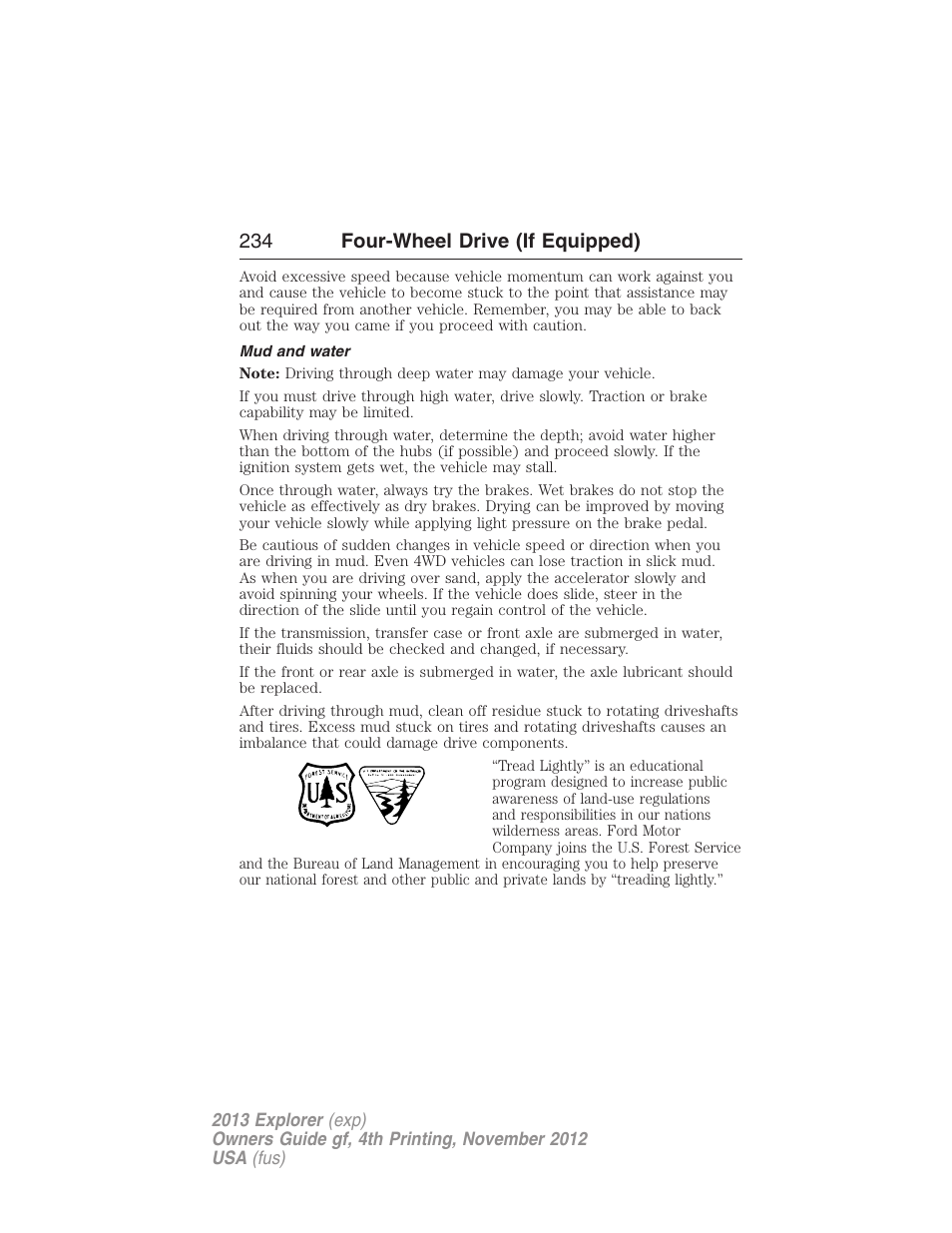 Mud and water, 234 four-wheel drive (if equipped) | FORD 2013 Explorer v.4 User Manual | Page 235 / 586
