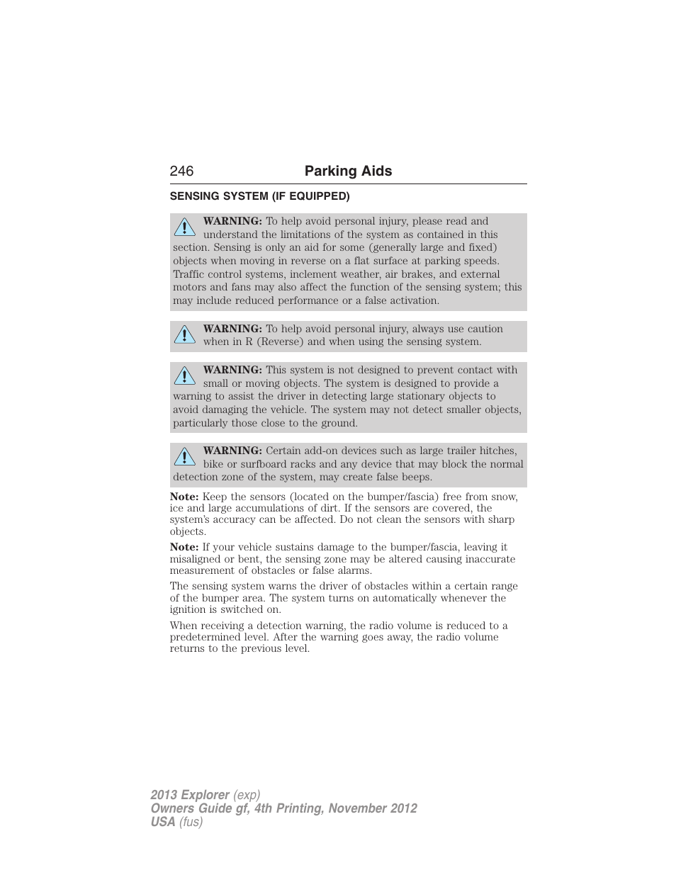 Parking aids, Sensing system (if equipped), Sensing system | 246 parking aids | FORD 2013 Explorer v.4 User Manual | Page 247 / 586