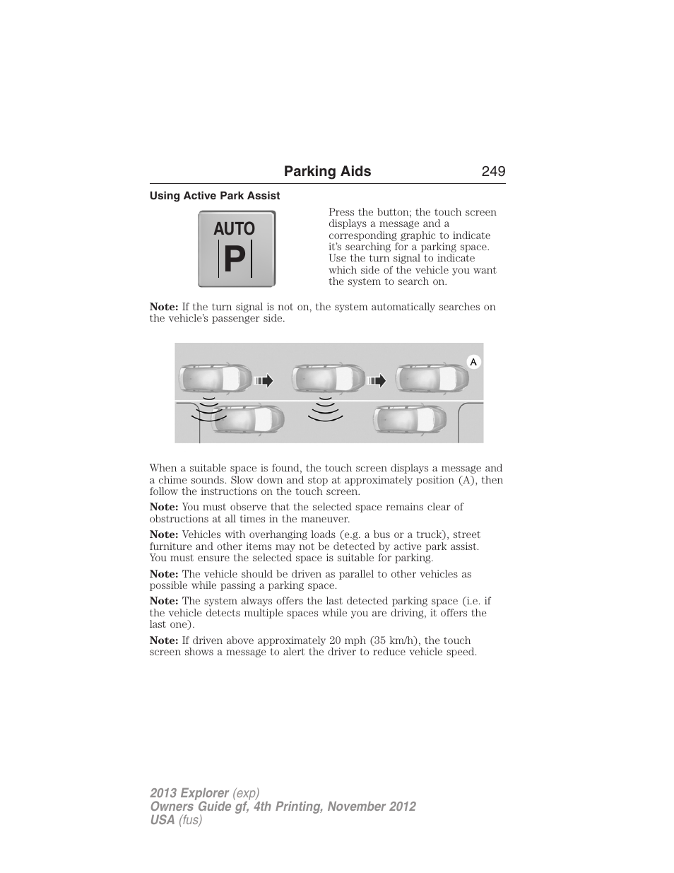 Using active park assist, Auto | FORD 2013 Explorer v.4 User Manual | Page 250 / 586
