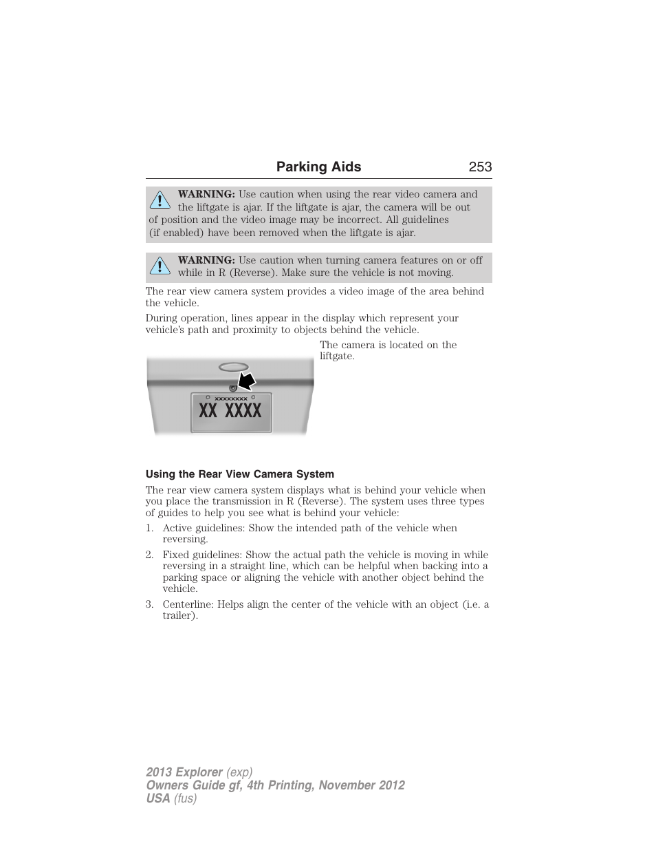 Using the rear view camera system, Parking aids 253 | FORD 2013 Explorer v.4 User Manual | Page 254 / 586