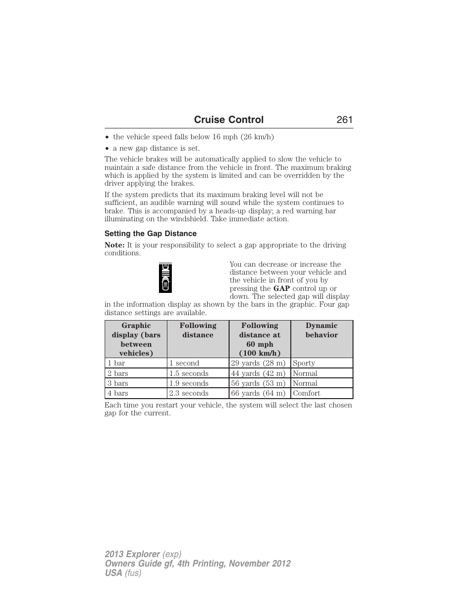 Setting the gap distance, Cruise control 261 | FORD 2013 Explorer v.4 User Manual | Page 262 / 586