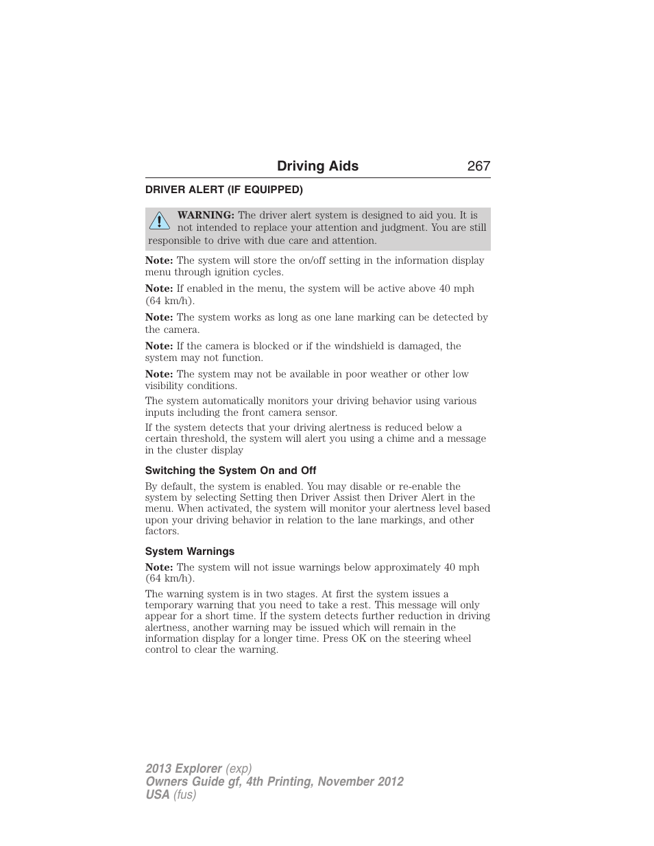 Driving aids, Driver alert (if equipped), Switching the system on and off | System warnings, Driver alert, Driving aids 267 | FORD 2013 Explorer v.4 User Manual | Page 268 / 586