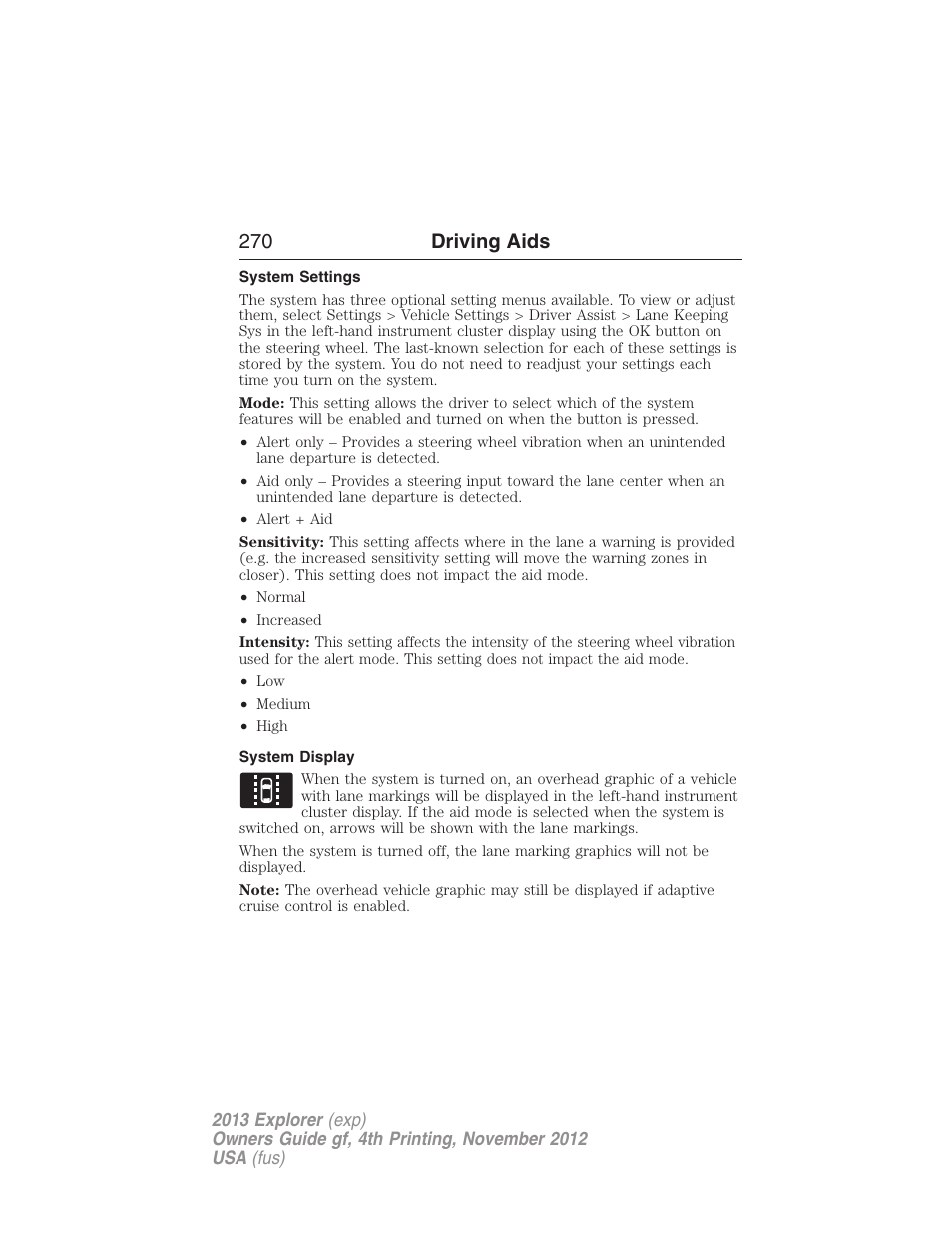 System settings, System display, 270 driving aids | FORD 2013 Explorer v.4 User Manual | Page 271 / 586