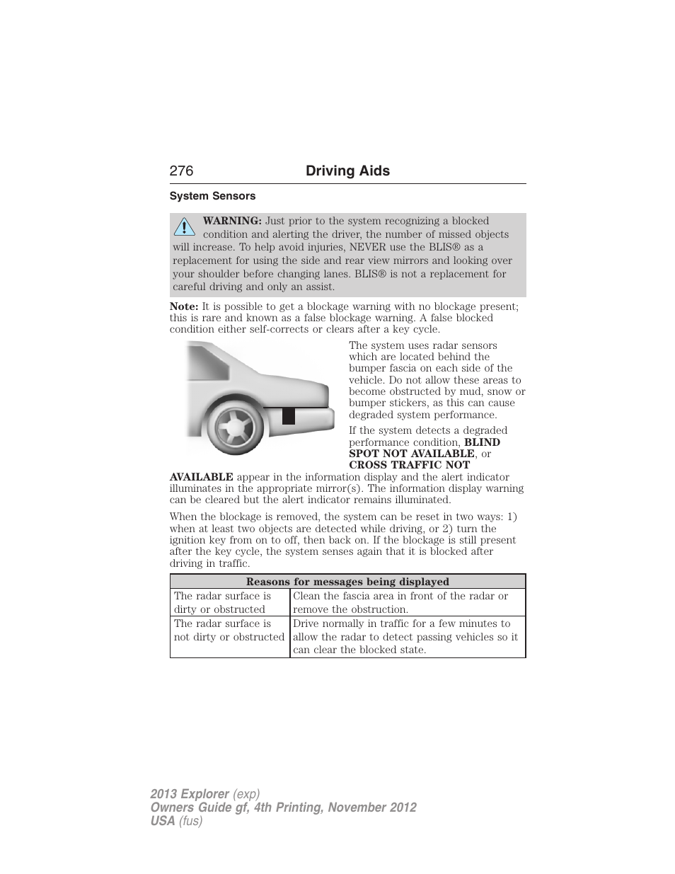 System sensors, 276 driving aids | FORD 2013 Explorer v.4 User Manual | Page 277 / 586