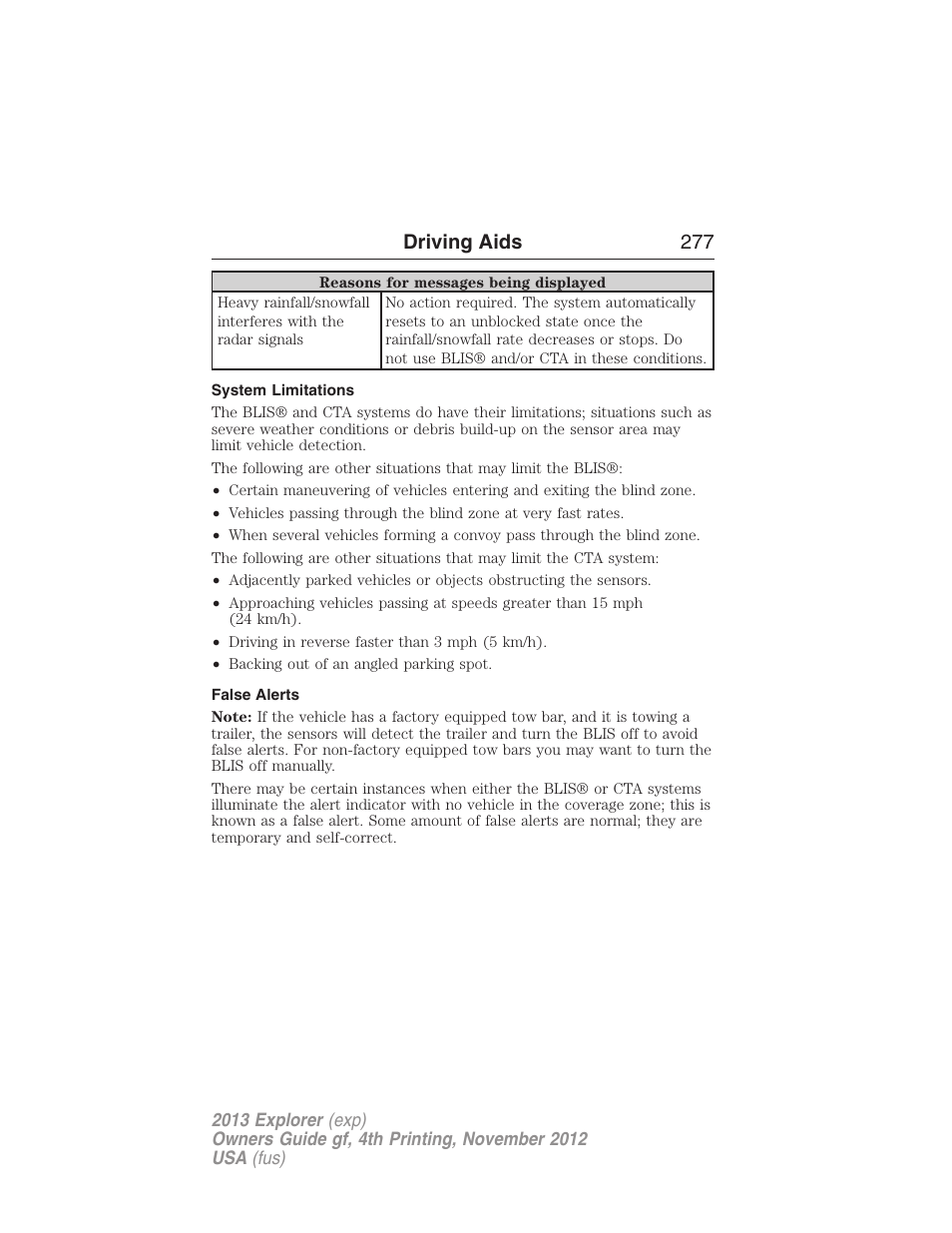 System limitations, False alerts, Driving aids 277 | FORD 2013 Explorer v.4 User Manual | Page 278 / 586