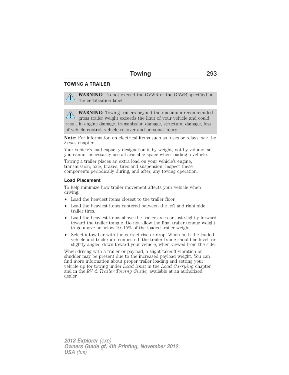 Towing, Towing a trailer, Load placement | Trailer towing, Towing 293 | FORD 2013 Explorer v.4 User Manual | Page 294 / 586