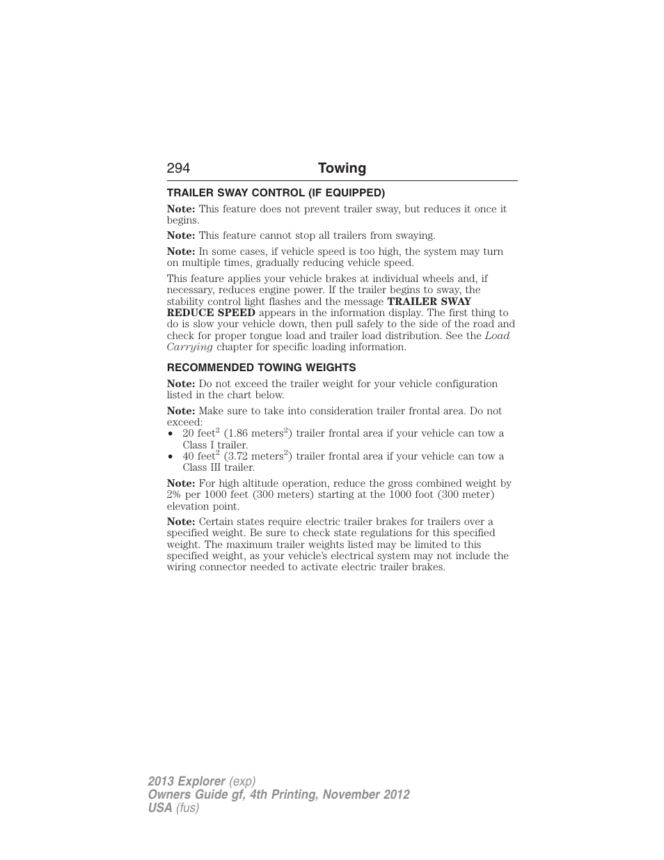 Trailer sway control (if equipped), Recommended towing weights, 294 towing | FORD 2013 Explorer v.4 User Manual | Page 295 / 586