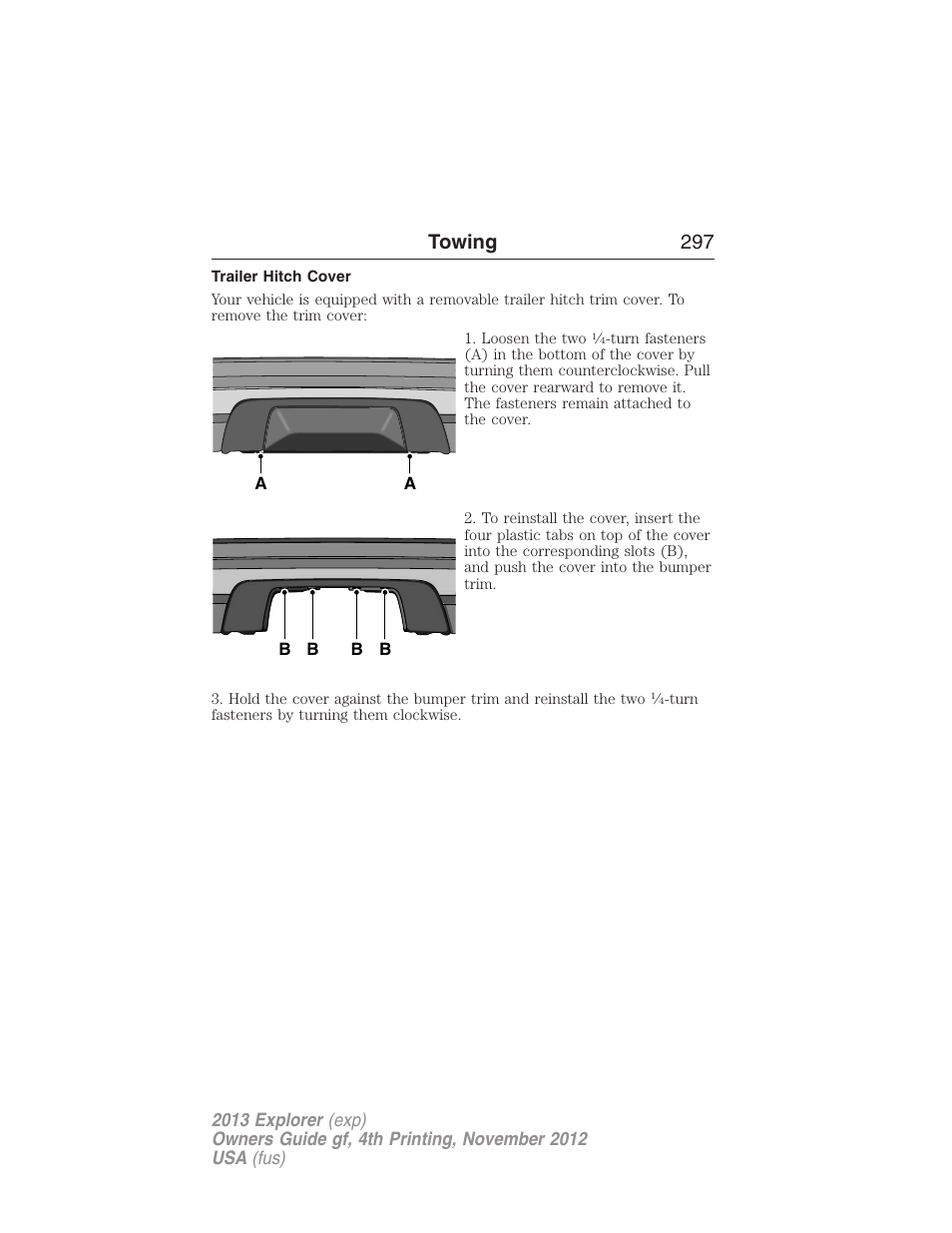 Trailer hitch cover, Towing 297 | FORD 2013 Explorer v.4 User Manual | Page 298 / 586