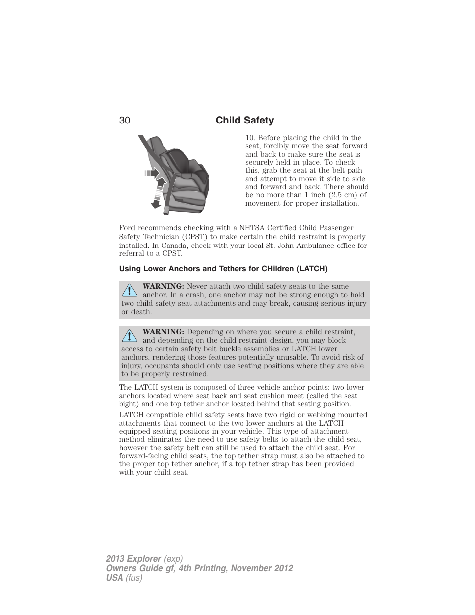 30 child safety | FORD 2013 Explorer v.4 User Manual | Page 31 / 586