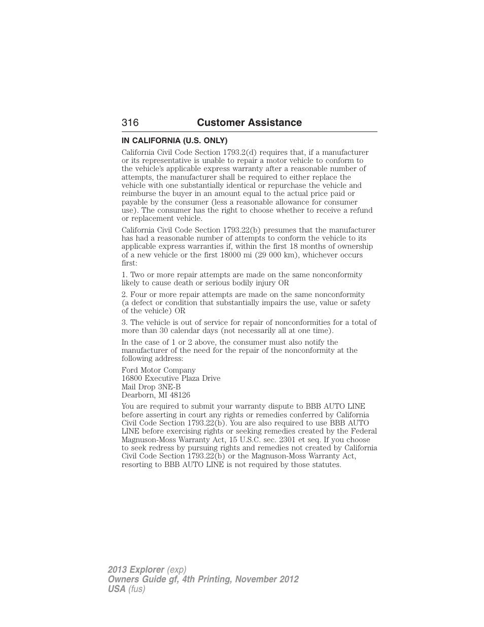 In california (u.s. only), 316 customer assistance | FORD 2013 Explorer v.4 User Manual | Page 317 / 586