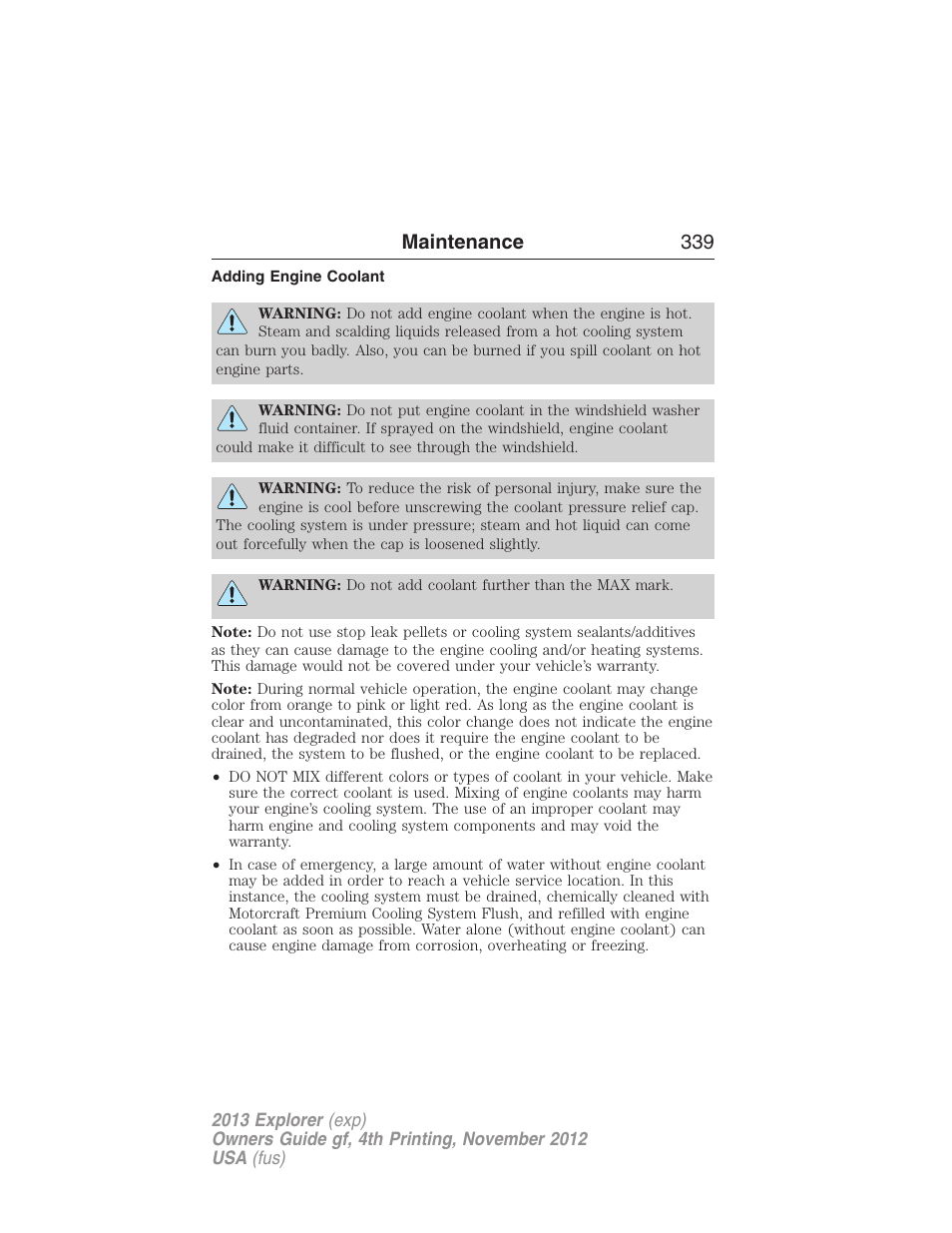 Adding engine coolant, Maintenance 339 | FORD 2013 Explorer v.4 User Manual | Page 340 / 586