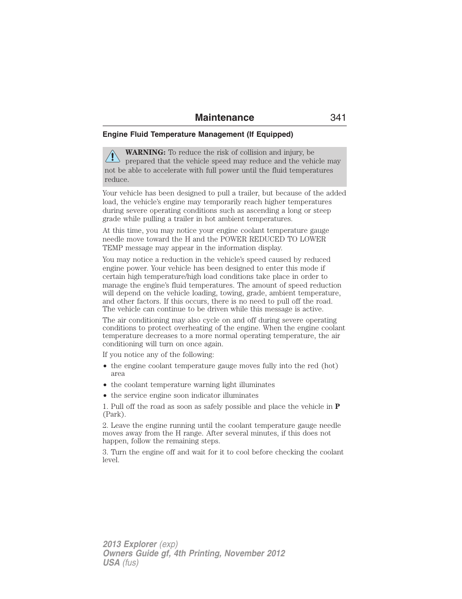 Engine fluid temperature management (if equipped), Maintenance 341 | FORD 2013 Explorer v.4 User Manual | Page 342 / 586