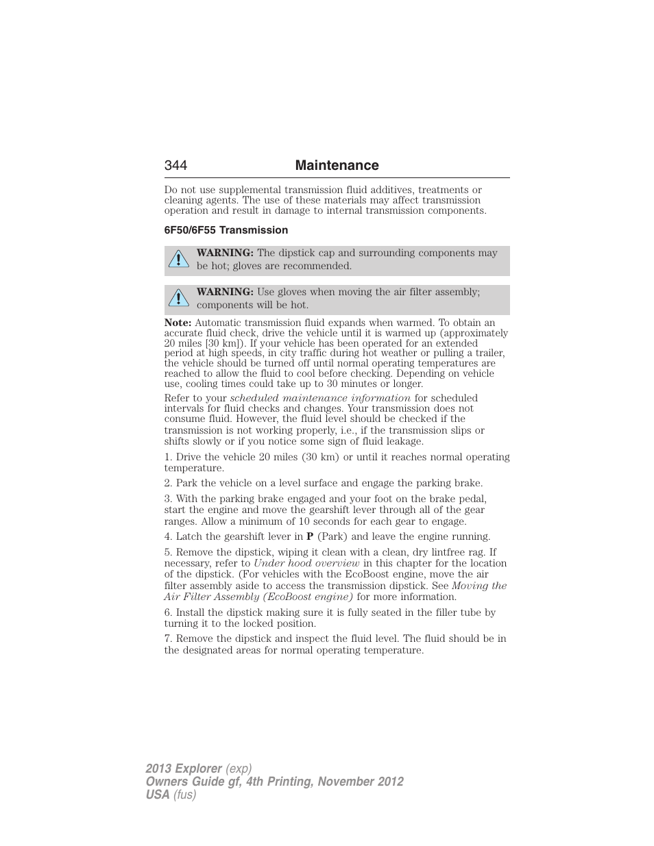 6f50/6f55 transmission, 344 maintenance | FORD 2013 Explorer v.4 User Manual | Page 345 / 586