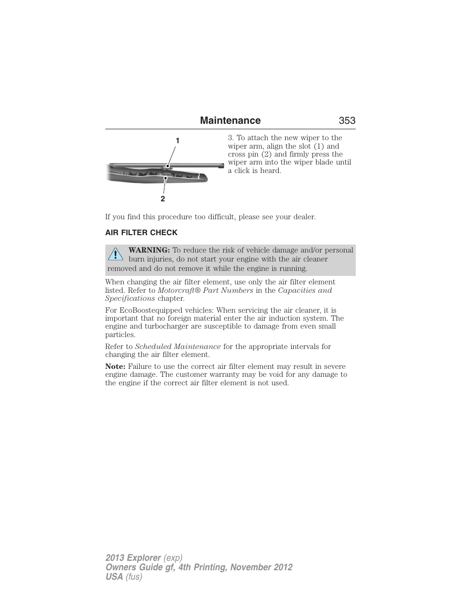 Air filter check, Air filter(s), Maintenance 353 | FORD 2013 Explorer v.4 User Manual | Page 354 / 586