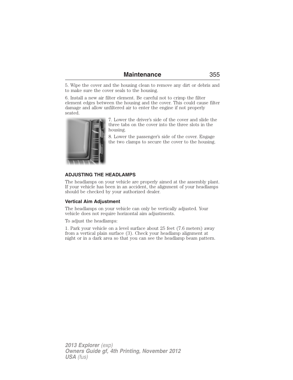 Adjusting the headlamps, Vertical aim adjustment, Maintenance 355 | FORD 2013 Explorer v.4 User Manual | Page 356 / 586