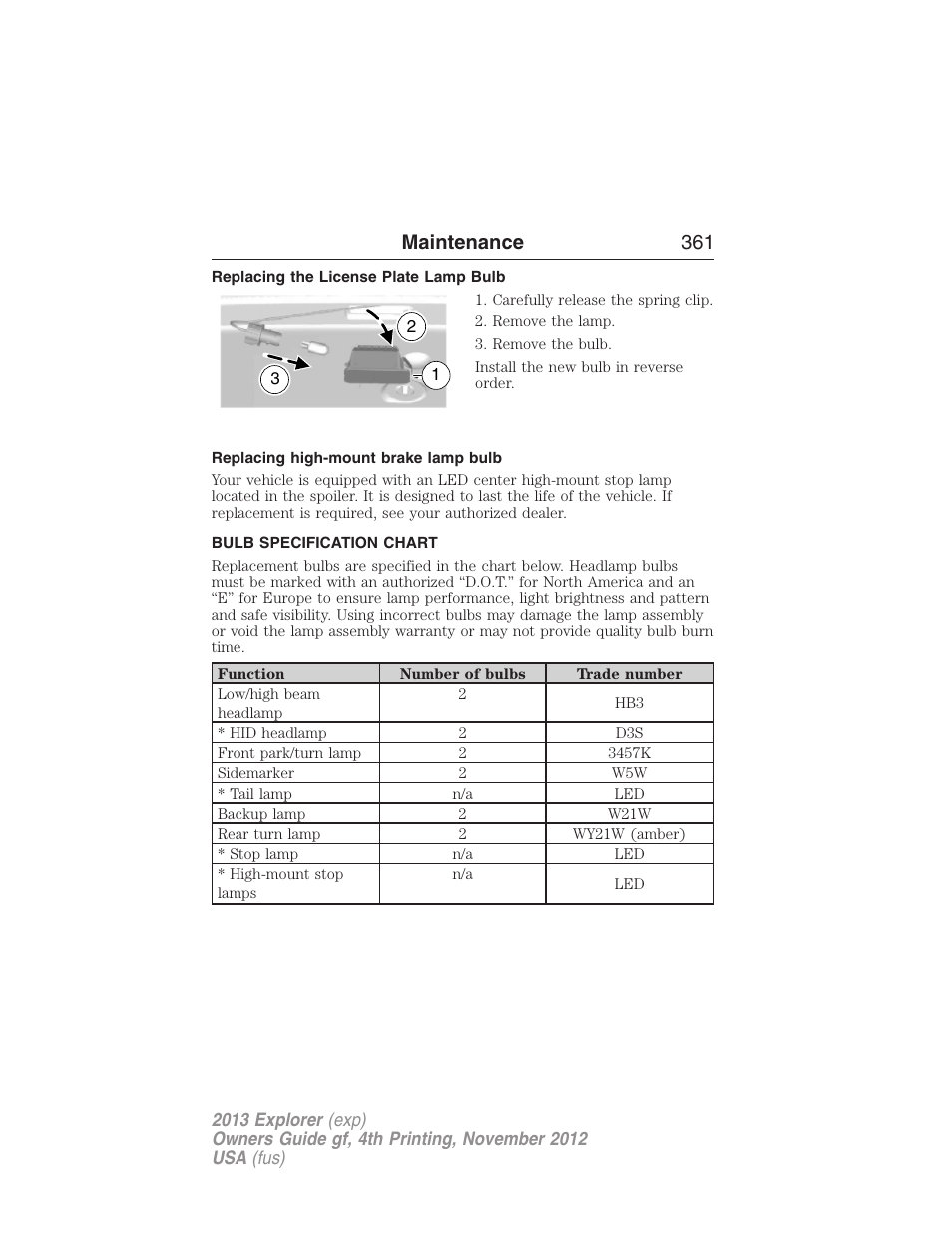 Replacing the license plate lamp bulb, Replacing high-mount brake lamp bulb, Bulb specification chart | Maintenance 361 | FORD 2013 Explorer v.4 User Manual | Page 362 / 586