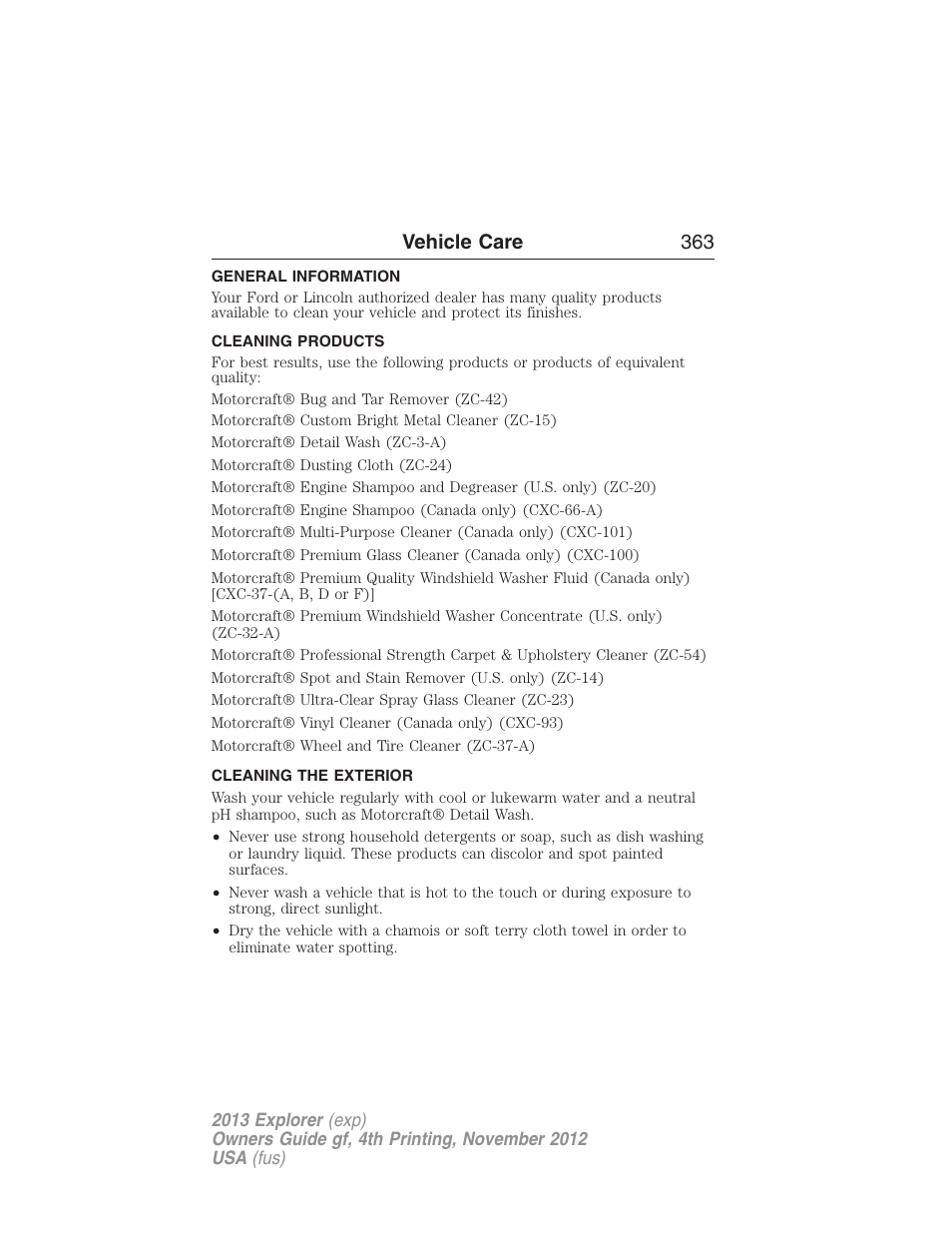 Vehicle care, General information, Cleaning products | Cleaning the exterior, Vehicle care 363 | FORD 2013 Explorer v.4 User Manual | Page 364 / 586