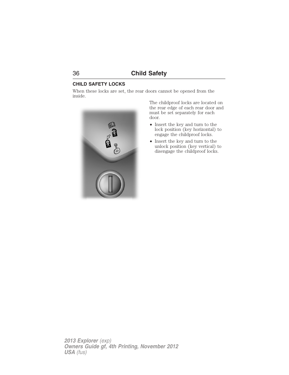 Child safety locks, 36 child safety | FORD 2013 Explorer v.4 User Manual | Page 37 / 586