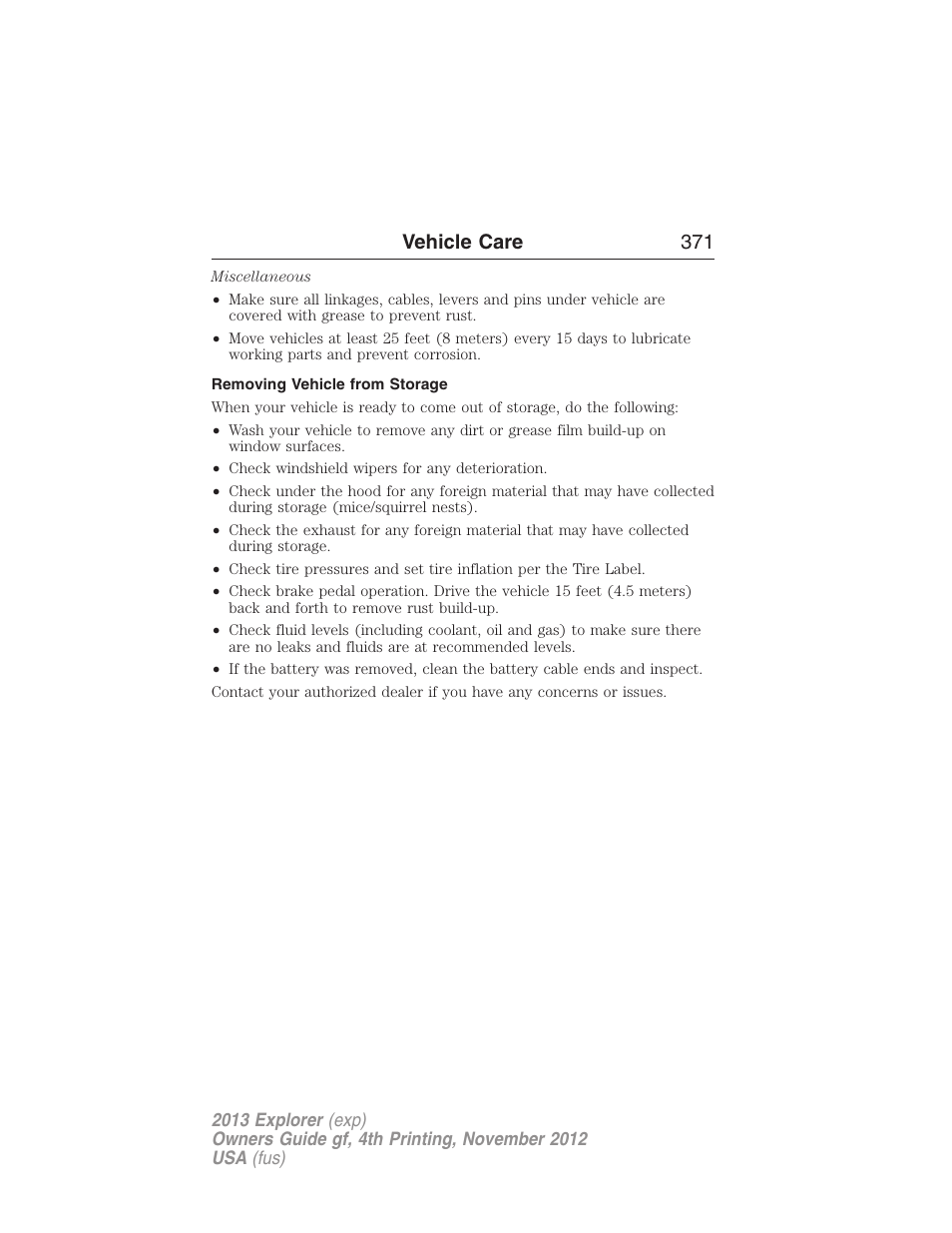 Removing vehicle from storage, Vehicle care 371 | FORD 2013 Explorer v.4 User Manual | Page 372 / 586