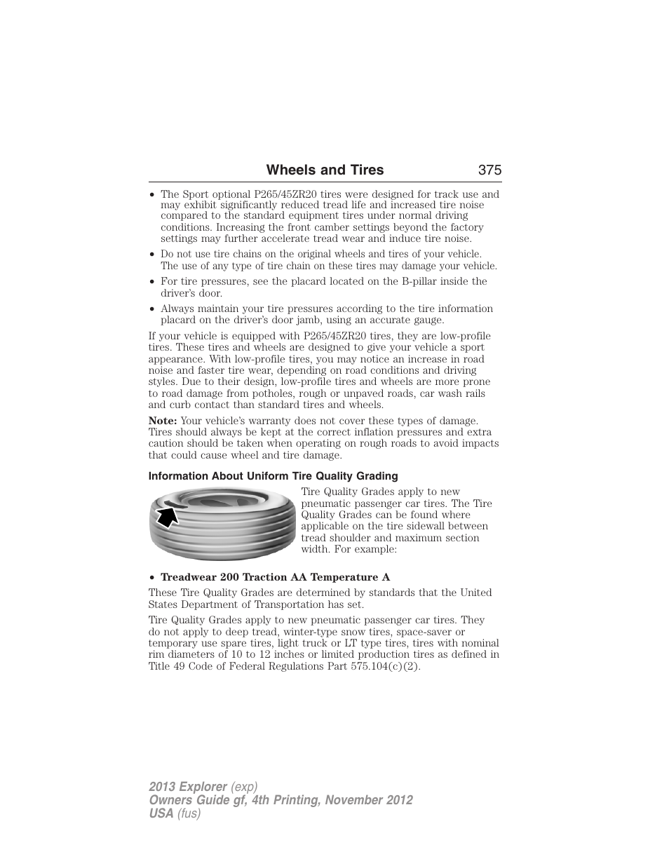 Information about uniform tire quality grading, Wheels and tires 375 | FORD 2013 Explorer v.4 User Manual | Page 376 / 586