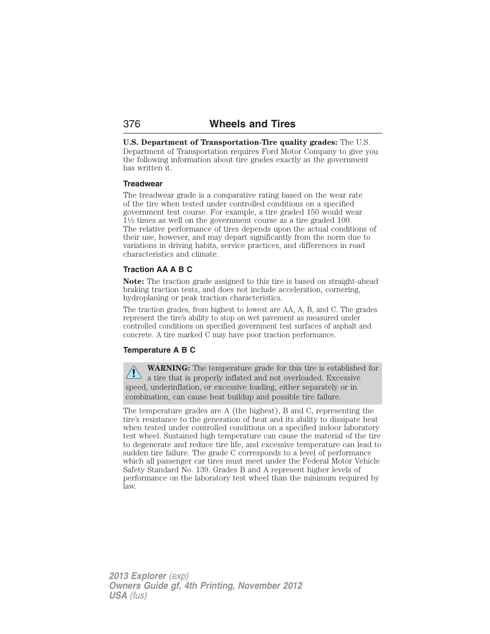 Treadwear, Traction aa a b c, Temperature a b c | 376 wheels and tires | FORD 2013 Explorer v.4 User Manual | Page 377 / 586