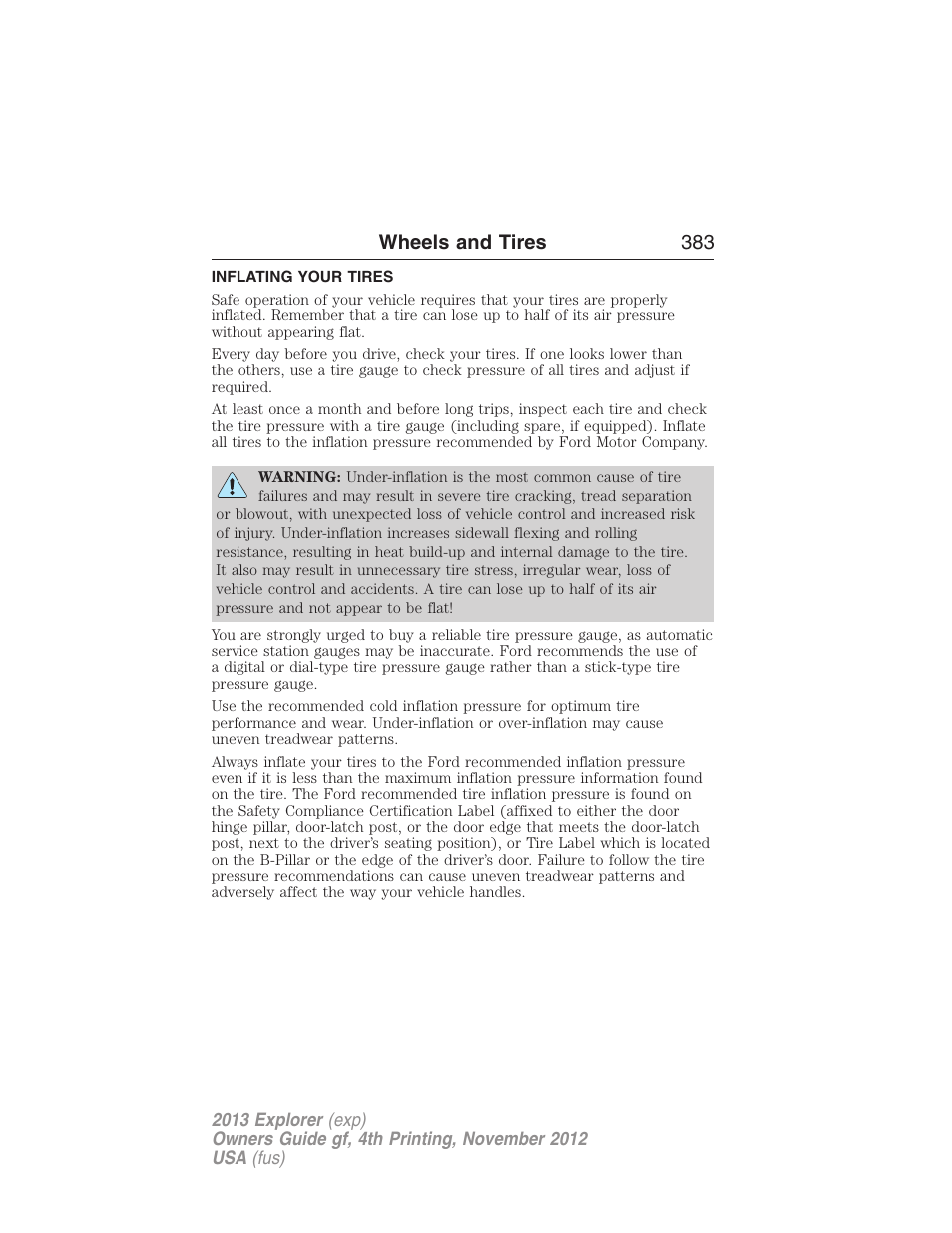 Inflating your tires, Wheels and tires 383 | FORD 2013 Explorer v.4 User Manual | Page 384 / 586