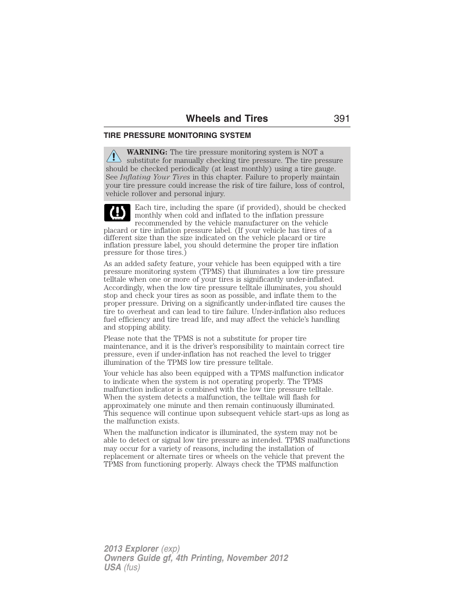 Tire pressure monitoring system, Tire pressure monitoring system (tpms), Wheels and tires 391 | FORD 2013 Explorer v.4 User Manual | Page 392 / 586