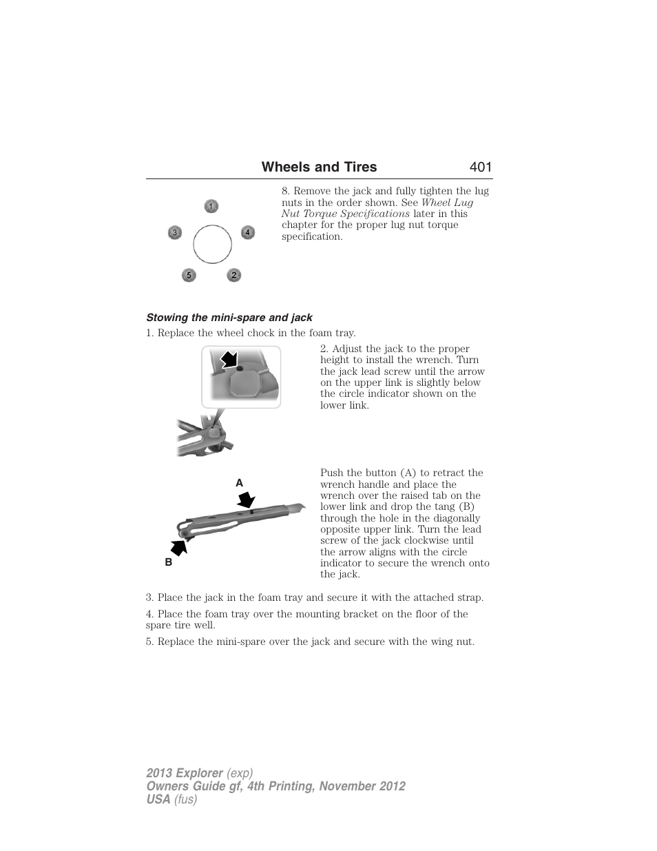 Stowing the mini-spare and jack, Wheels and tires 401 | FORD 2013 Explorer v.4 User Manual | Page 402 / 586