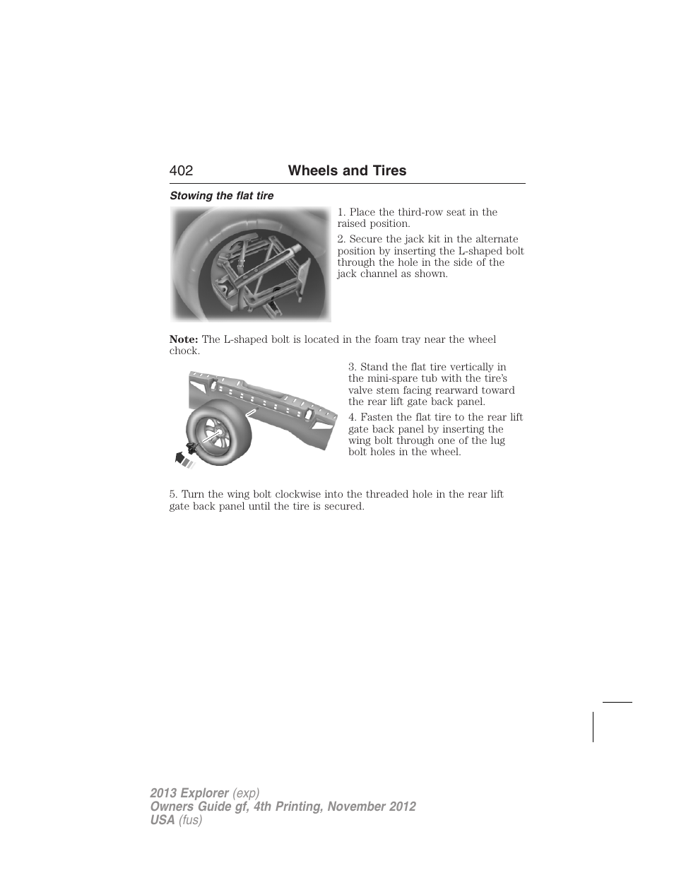 Stowing the flat tire, 402 wheels and tires | FORD 2013 Explorer v.4 User Manual | Page 403 / 586