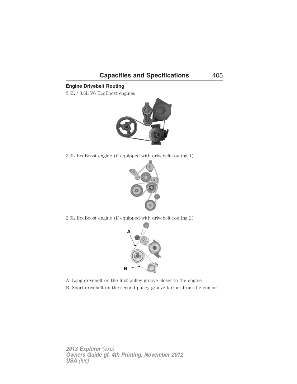 Engine drivebelt routing, Capacities and specifications 405 | FORD 2013 Explorer v.4 User Manual | Page 406 / 586