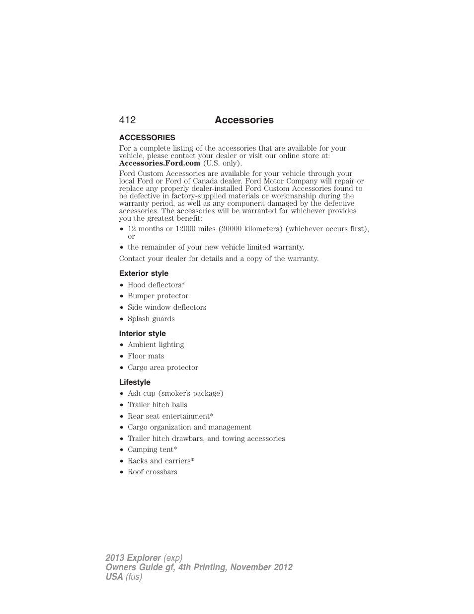 Accessories, Exterior style, Interior style | Lifestyle, 412 accessories | FORD 2013 Explorer v.4 User Manual | Page 413 / 586
