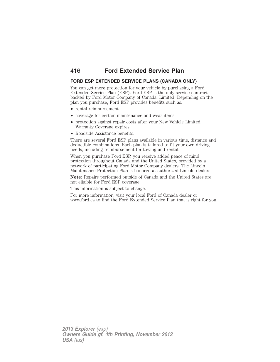 Ford esp extended service plans (canada only), 416 ford extended service plan | FORD 2013 Explorer v.4 User Manual | Page 417 / 586