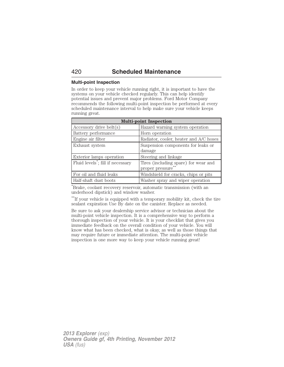 Multi-point inspection, 420 scheduled maintenance | FORD 2013 Explorer v.4 User Manual | Page 421 / 586