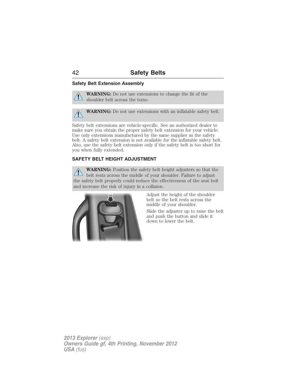 Safety belt extension assembly, Safety belt height adjustment, 42 safety belts | FORD 2013 Explorer v.4 User Manual | Page 43 / 586