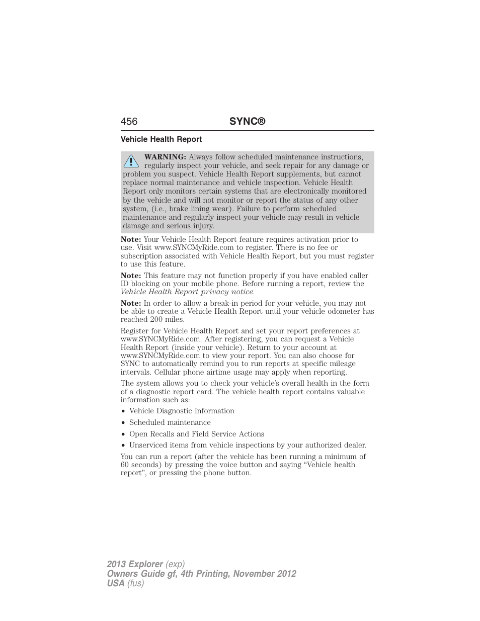 Vehicle health report, 456 sync | FORD 2013 Explorer v.4 User Manual | Page 457 / 586