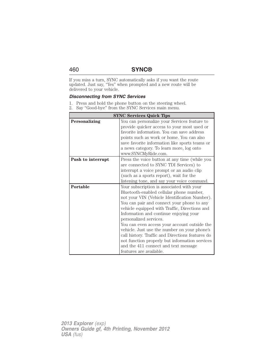 Disconnecting from sync services, 460 sync | FORD 2013 Explorer v.4 User Manual | Page 461 / 586