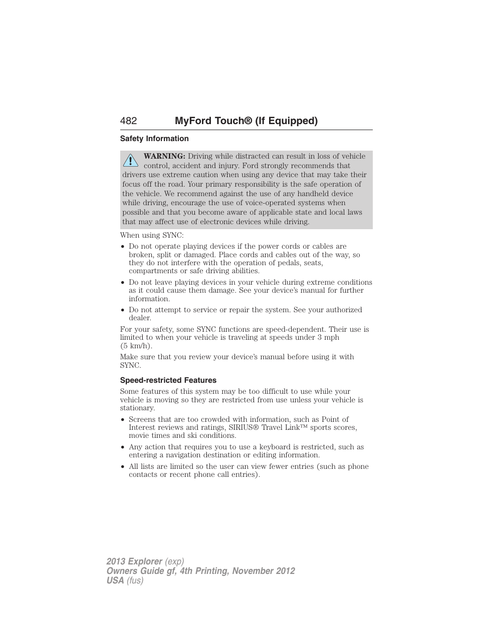 Safety information, Speed-restricted features, 482 myford touch® (if equipped) | FORD 2013 Explorer v.4 User Manual | Page 483 / 586