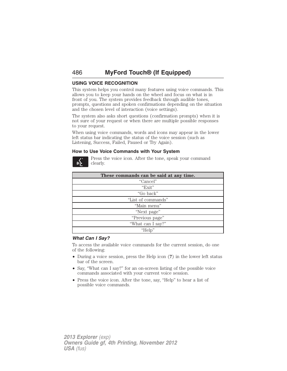 Using voice recognition, How to use voice commands with your system, What can i say | Voice recognition, 486 myford touch® (if equipped) | FORD 2013 Explorer v.4 User Manual | Page 487 / 586