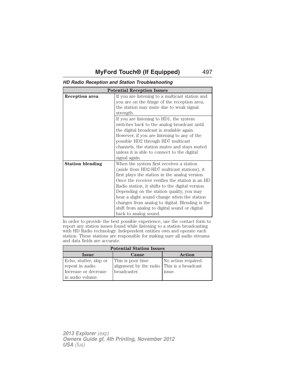 Hd radio reception and station troubleshooting, Myford touch® (if equipped) 497 | FORD 2013 Explorer v.4 User Manual | Page 498 / 586