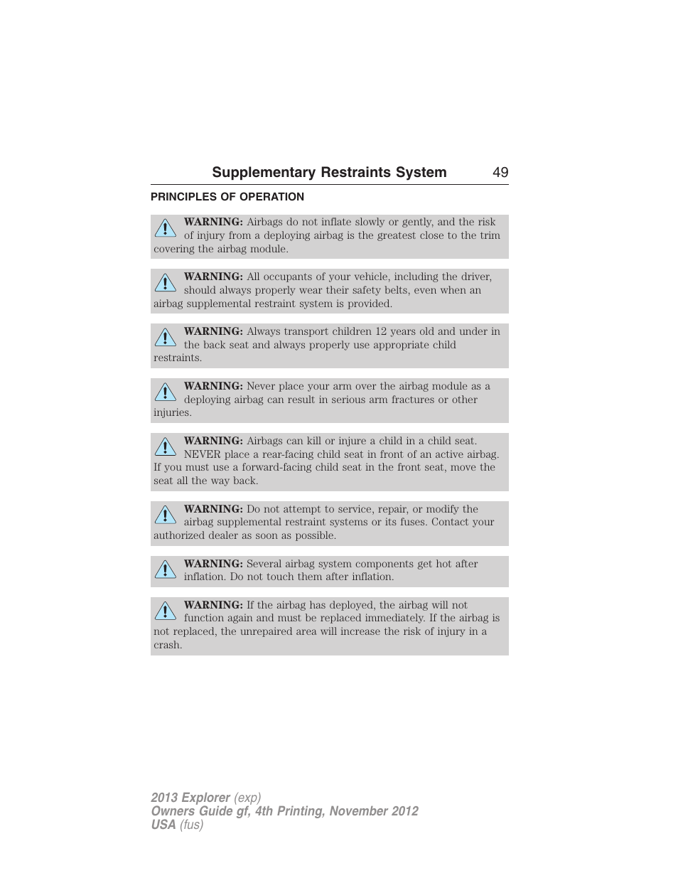 Supplementary restraints system, Principles of operation, Supplementary restraints system 49 | FORD 2013 Explorer v.4 User Manual | Page 50 / 586