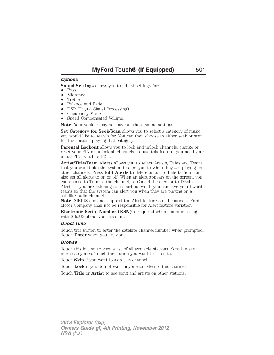 Options, Direct tune, Browse | Myford touch® (if equipped) 501 | FORD 2013 Explorer v.4 User Manual | Page 502 / 586