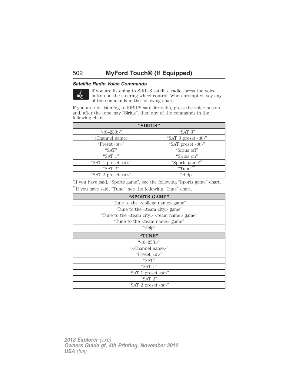 Satellite radio voice commands, 502 myford touch® (if equipped) | FORD 2013 Explorer v.4 User Manual | Page 503 / 586
