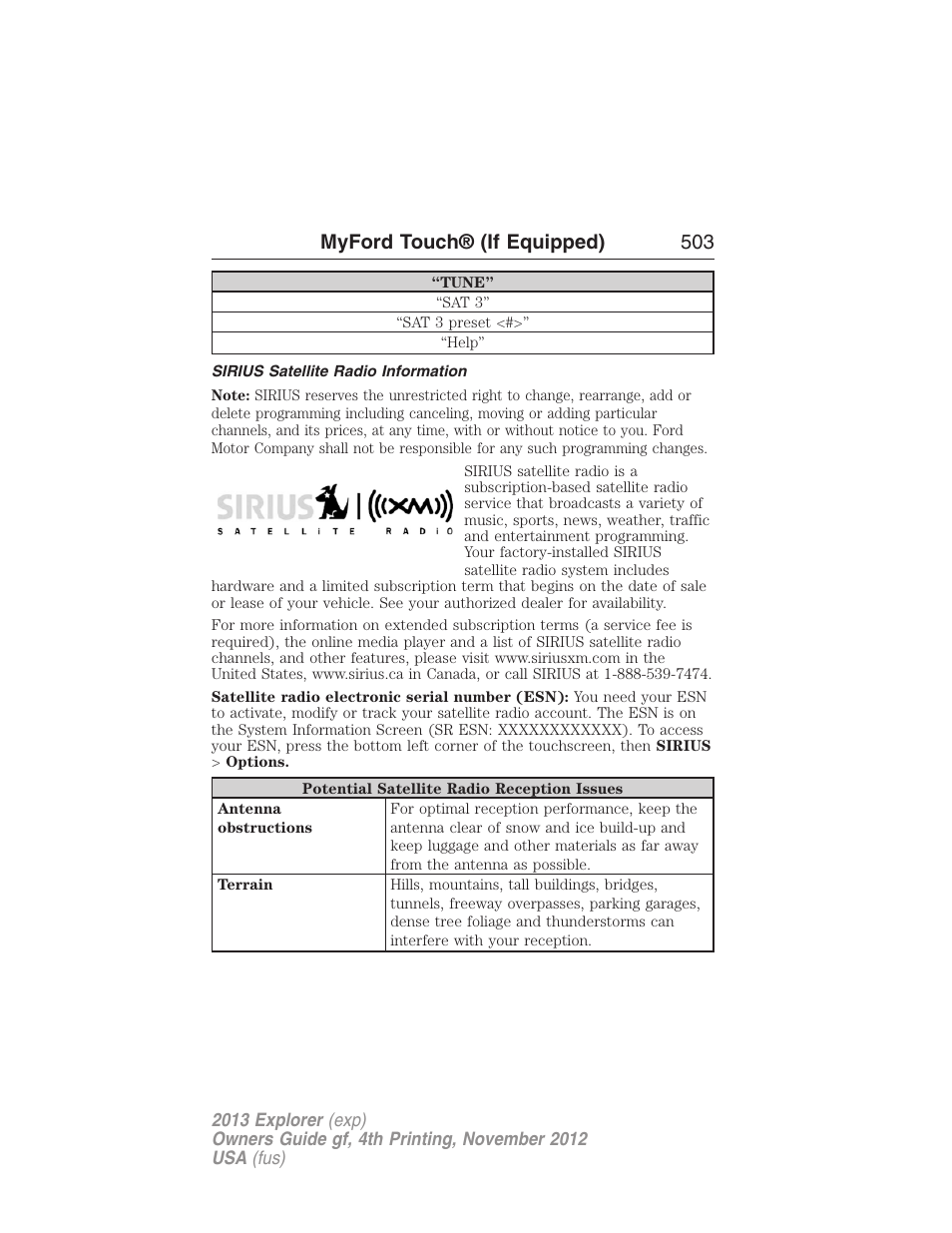 Sirius satellite radio information, Myford touch® (if equipped) 503 | FORD 2013 Explorer v.4 User Manual | Page 504 / 586