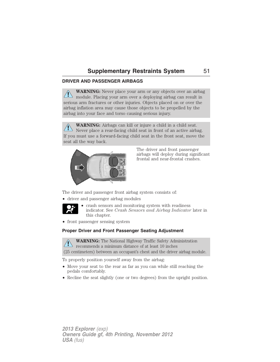 Driver and passenger airbags, Supplementary restraints system 51 | FORD 2013 Explorer v.4 User Manual | Page 52 / 586