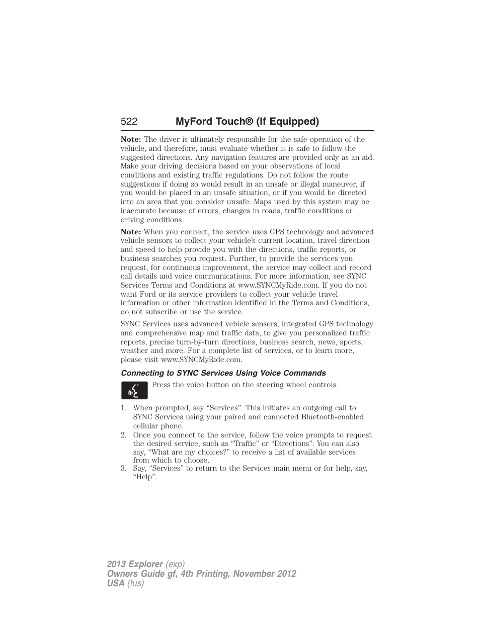 Connecting to sync services using voice commands, 522 myford touch® (if equipped) | FORD 2013 Explorer v.4 User Manual | Page 523 / 586