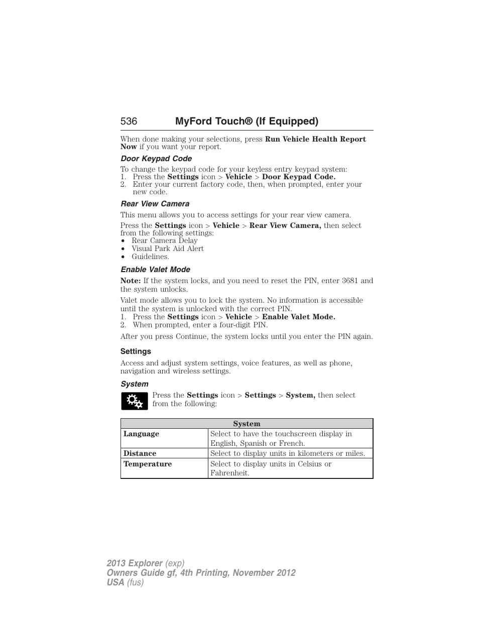 Door keypad code, Rear view camera, Enable valet mode | Settings, System, 536 myford touch® (if equipped) | FORD 2013 Explorer v.4 User Manual | Page 537 / 586