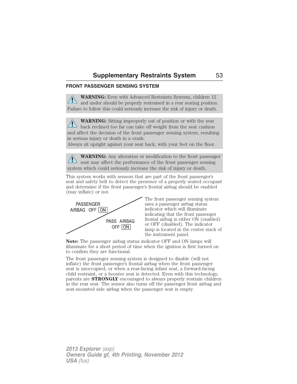 Front passenger sensing system, Supplementary restraints system 53 | FORD 2013 Explorer v.4 User Manual | Page 54 / 586
